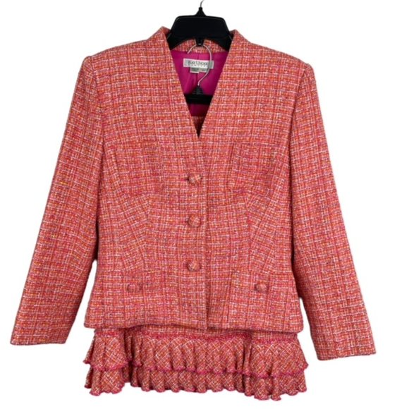 Vintage KAY UNGER Womens 10 Pink Multi Tweed Blazer Skirt Set Lined Pockets - Picture 1 of 16